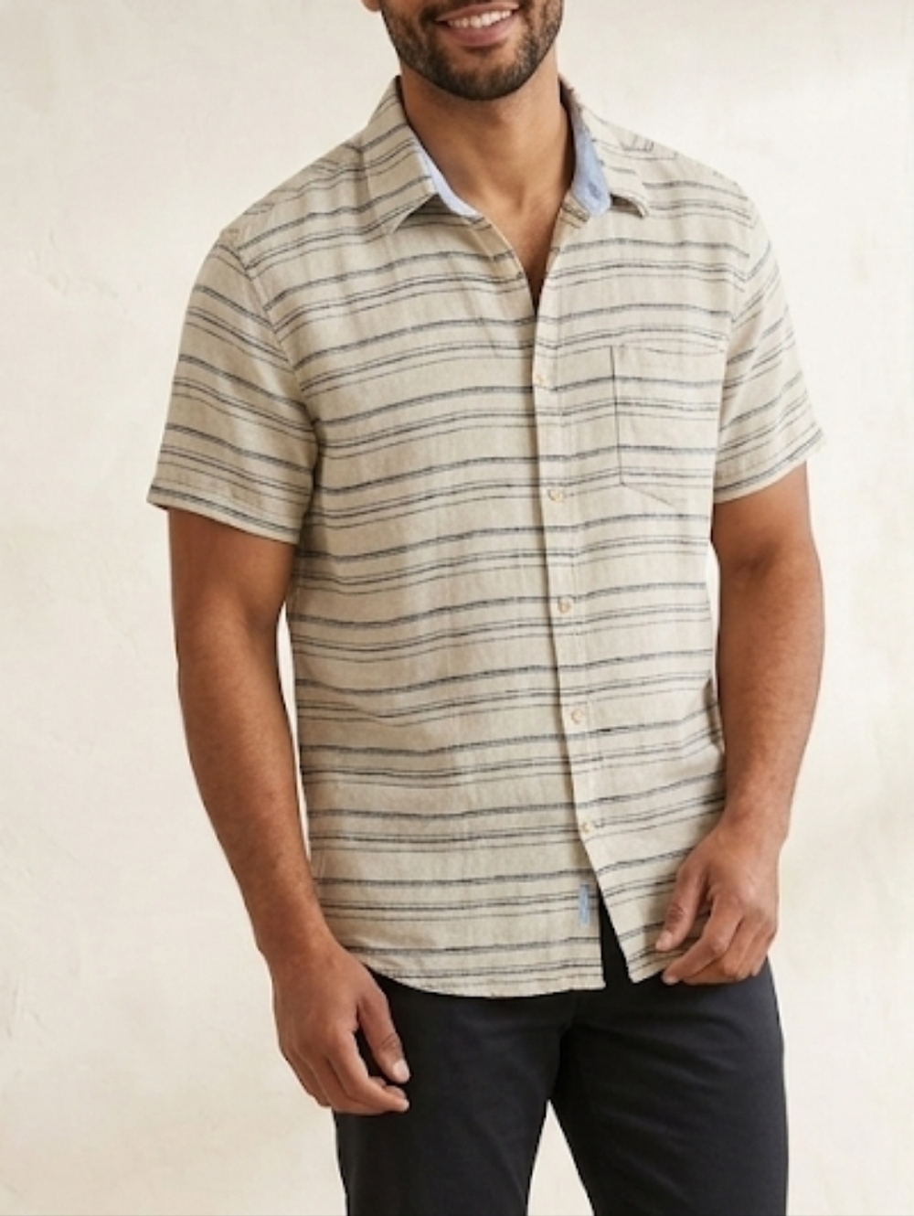 Ben Sherman Club Room Beige Short-Sleeve Button-Down with Navy Stripes